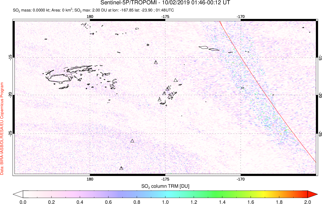 A sulfur dioxide image over Tonga, South Pacific on Oct 02, 2019.