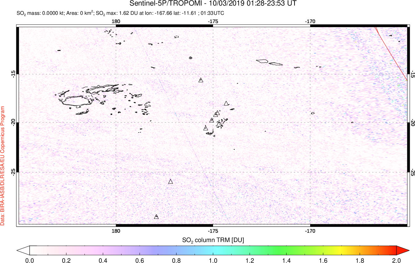 A sulfur dioxide image over Tonga, South Pacific on Oct 03, 2019.