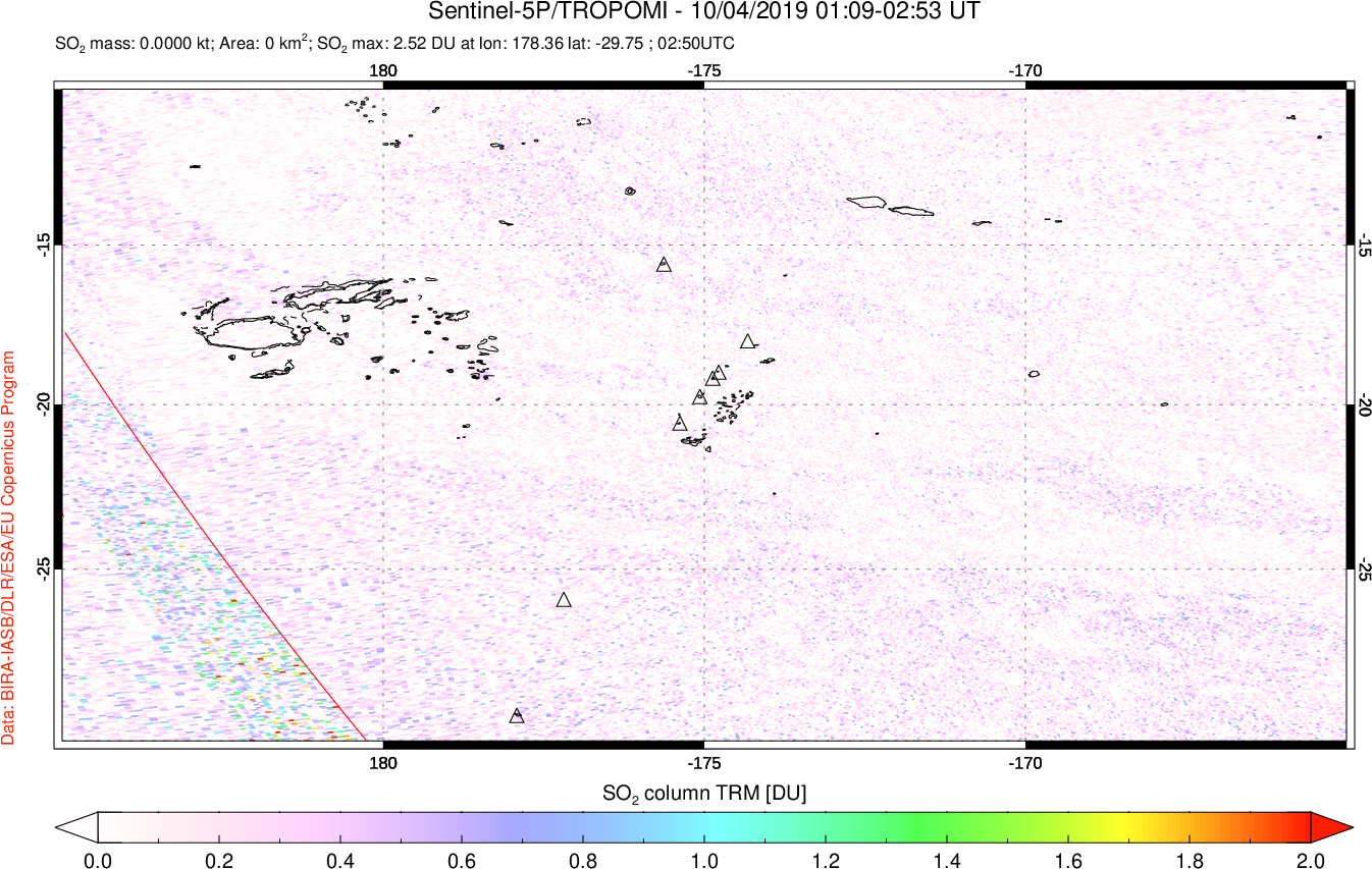 A sulfur dioxide image over Tonga, South Pacific on Oct 04, 2019.