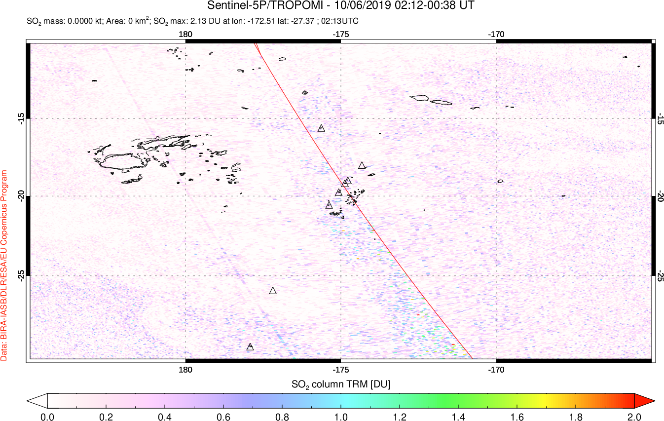 A sulfur dioxide image over Tonga, South Pacific on Oct 06, 2019.