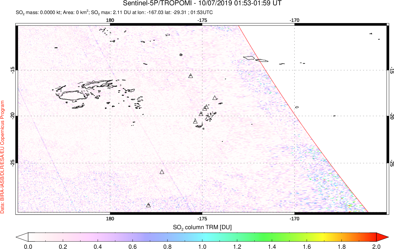 A sulfur dioxide image over Tonga, South Pacific on Oct 07, 2019.