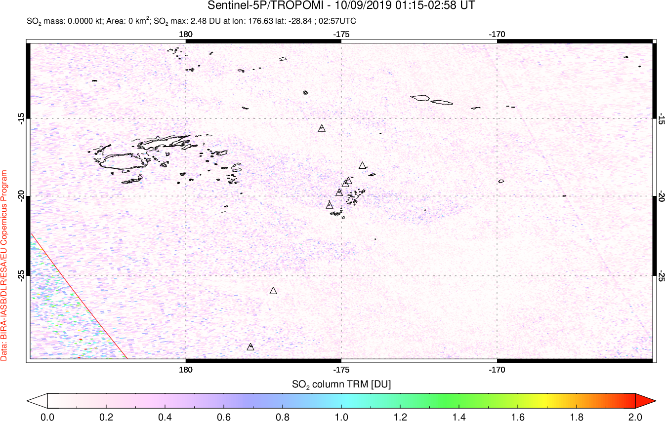 A sulfur dioxide image over Tonga, South Pacific on Oct 09, 2019.