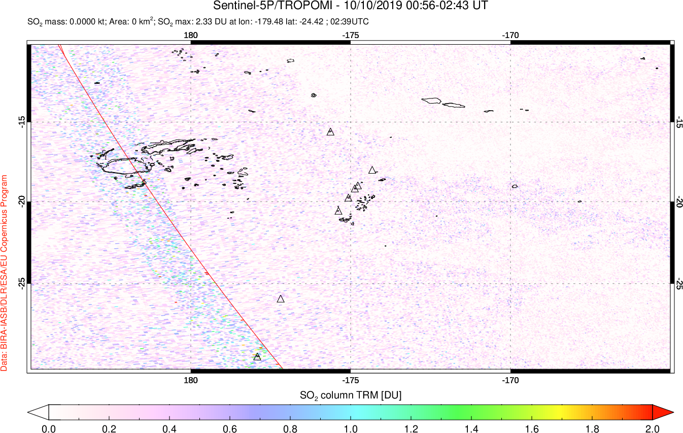 A sulfur dioxide image over Tonga, South Pacific on Oct 10, 2019.
