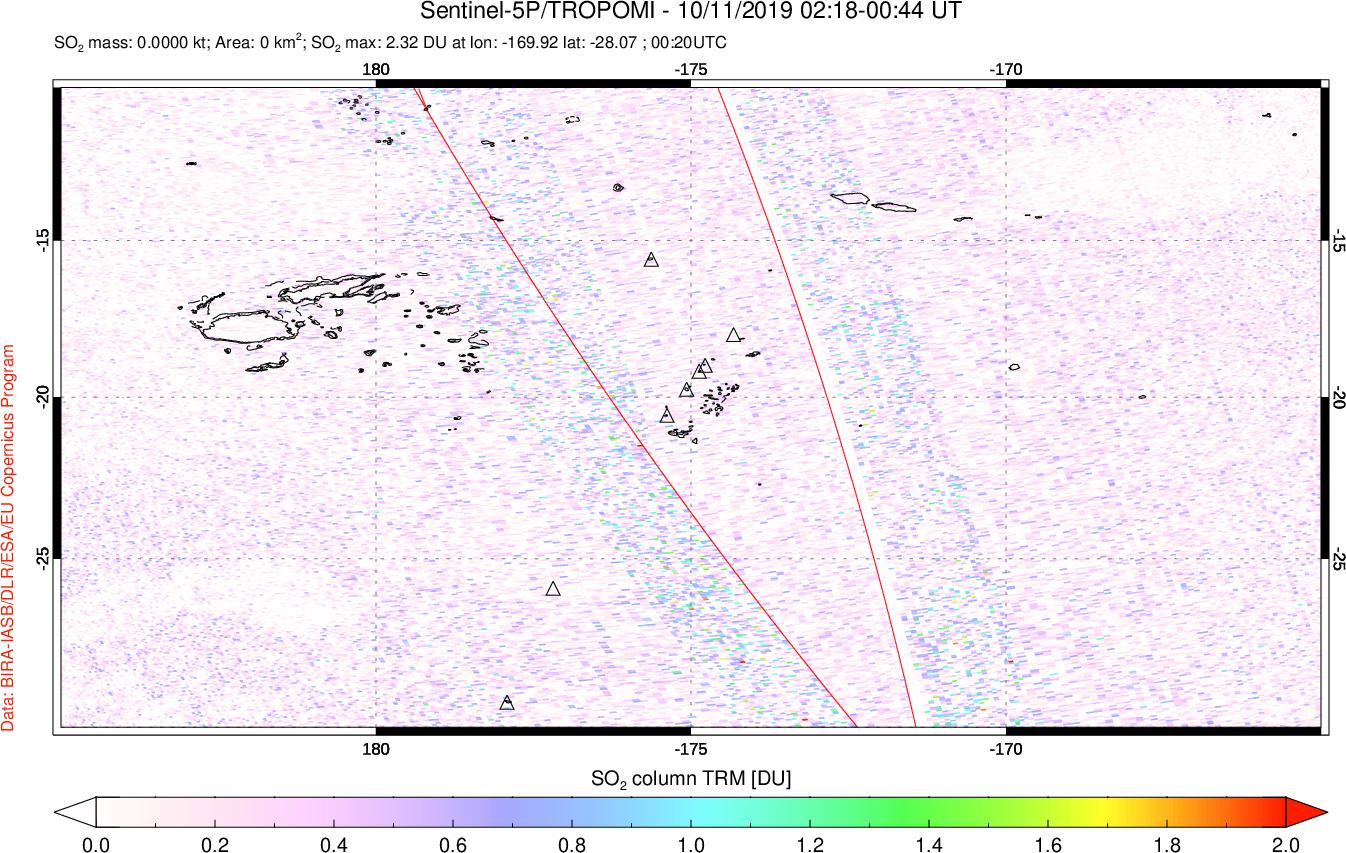 A sulfur dioxide image over Tonga, South Pacific on Oct 11, 2019.