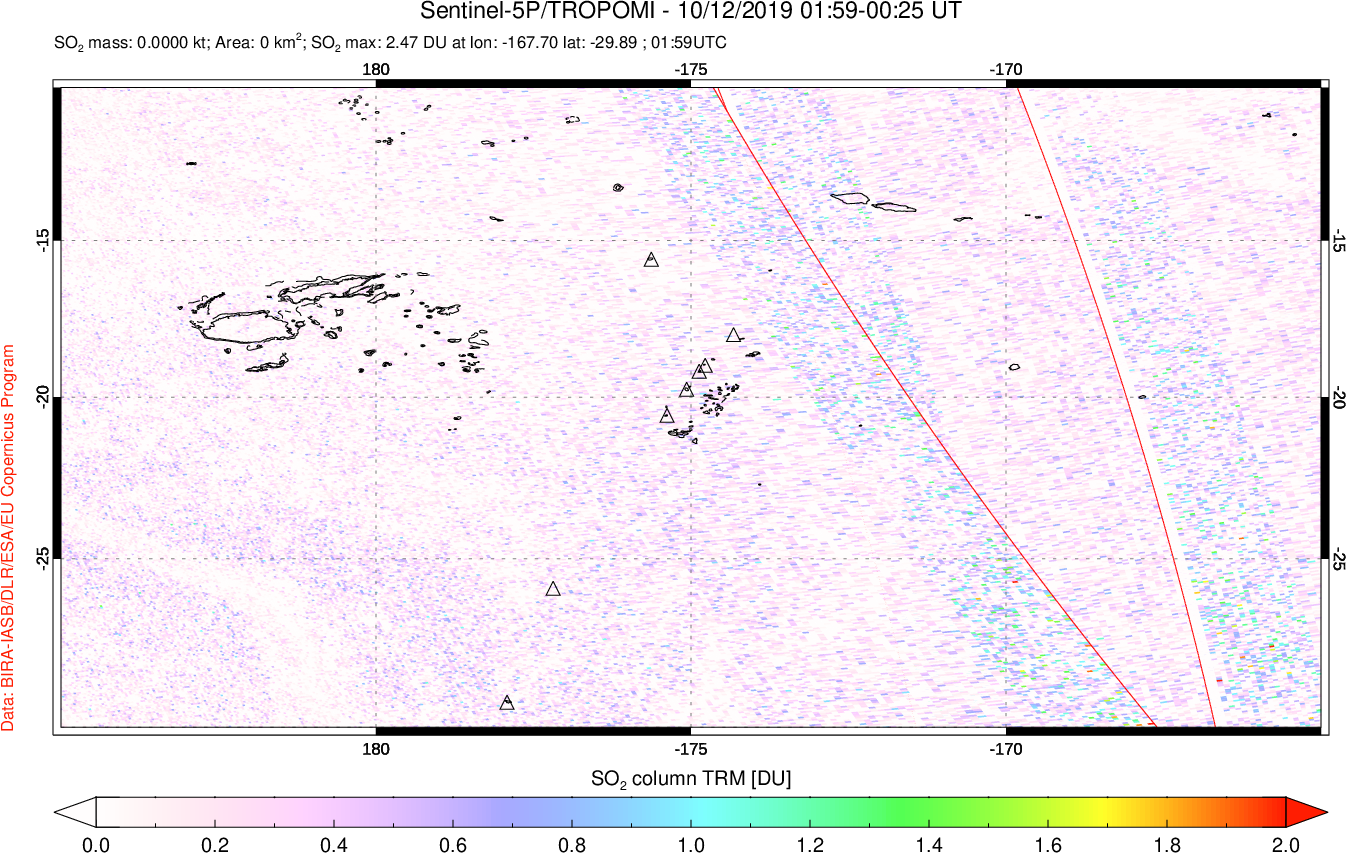 A sulfur dioxide image over Tonga, South Pacific on Oct 12, 2019.
