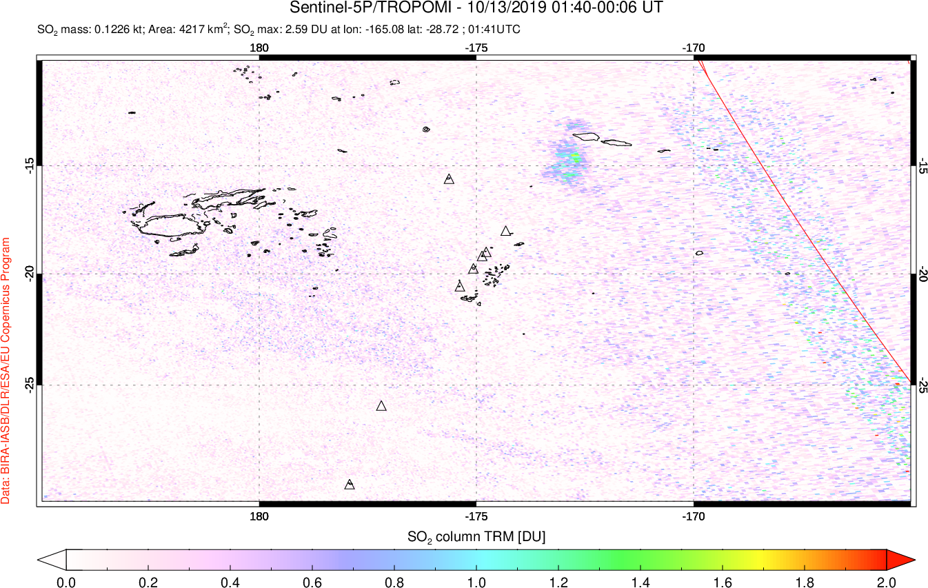 A sulfur dioxide image over Tonga, South Pacific on Oct 13, 2019.