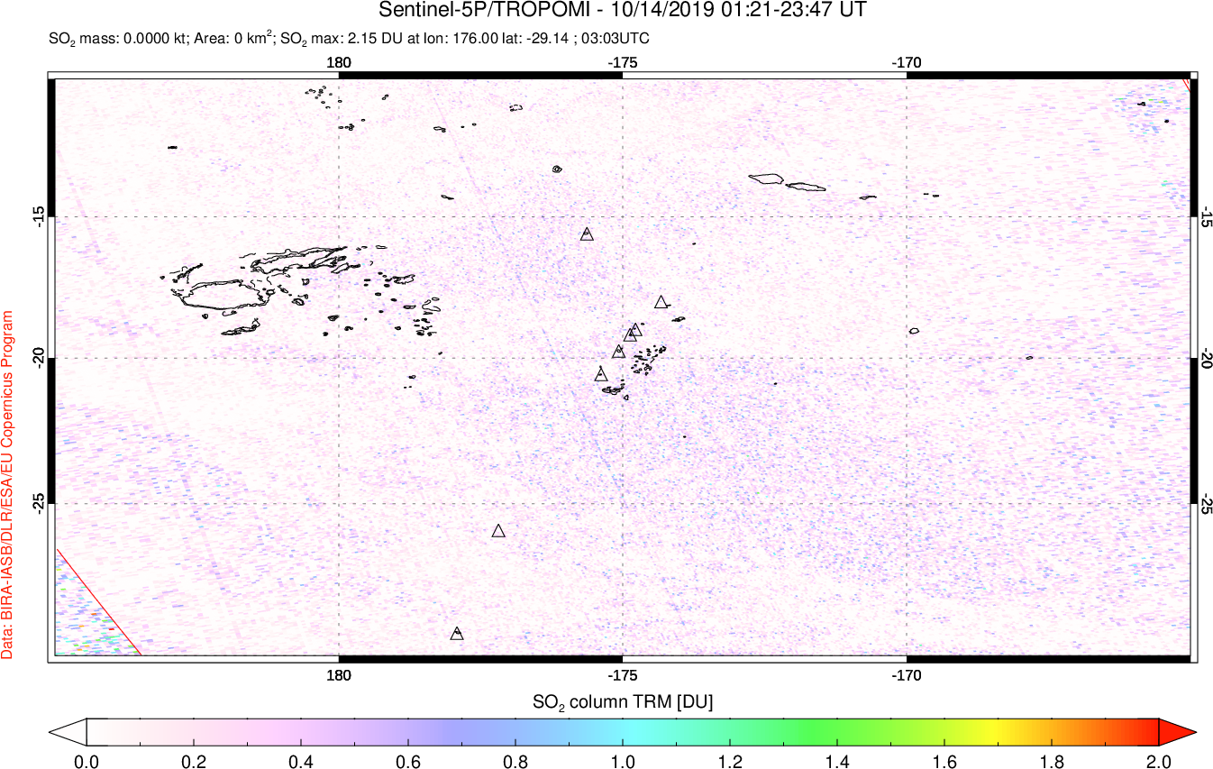 A sulfur dioxide image over Tonga, South Pacific on Oct 14, 2019.