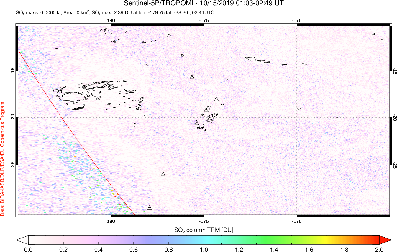 A sulfur dioxide image over Tonga, South Pacific on Oct 15, 2019.