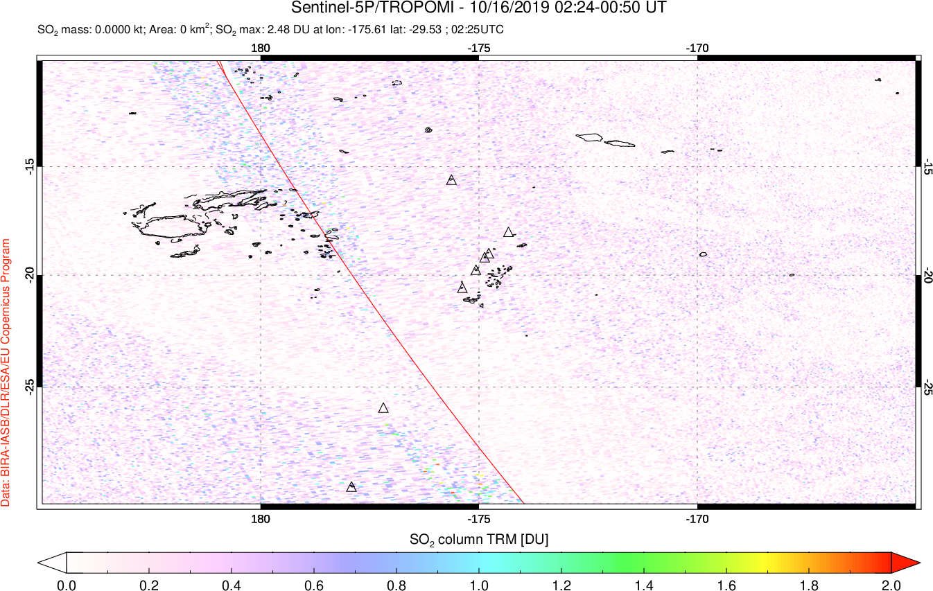 A sulfur dioxide image over Tonga, South Pacific on Oct 16, 2019.
