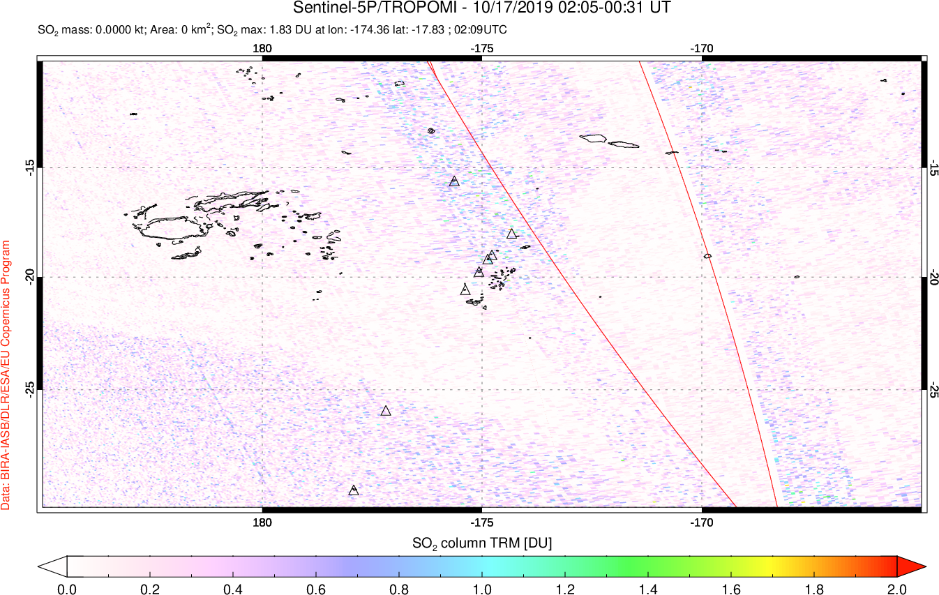 A sulfur dioxide image over Tonga, South Pacific on Oct 17, 2019.