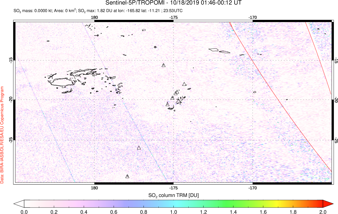 A sulfur dioxide image over Tonga, South Pacific on Oct 18, 2019.