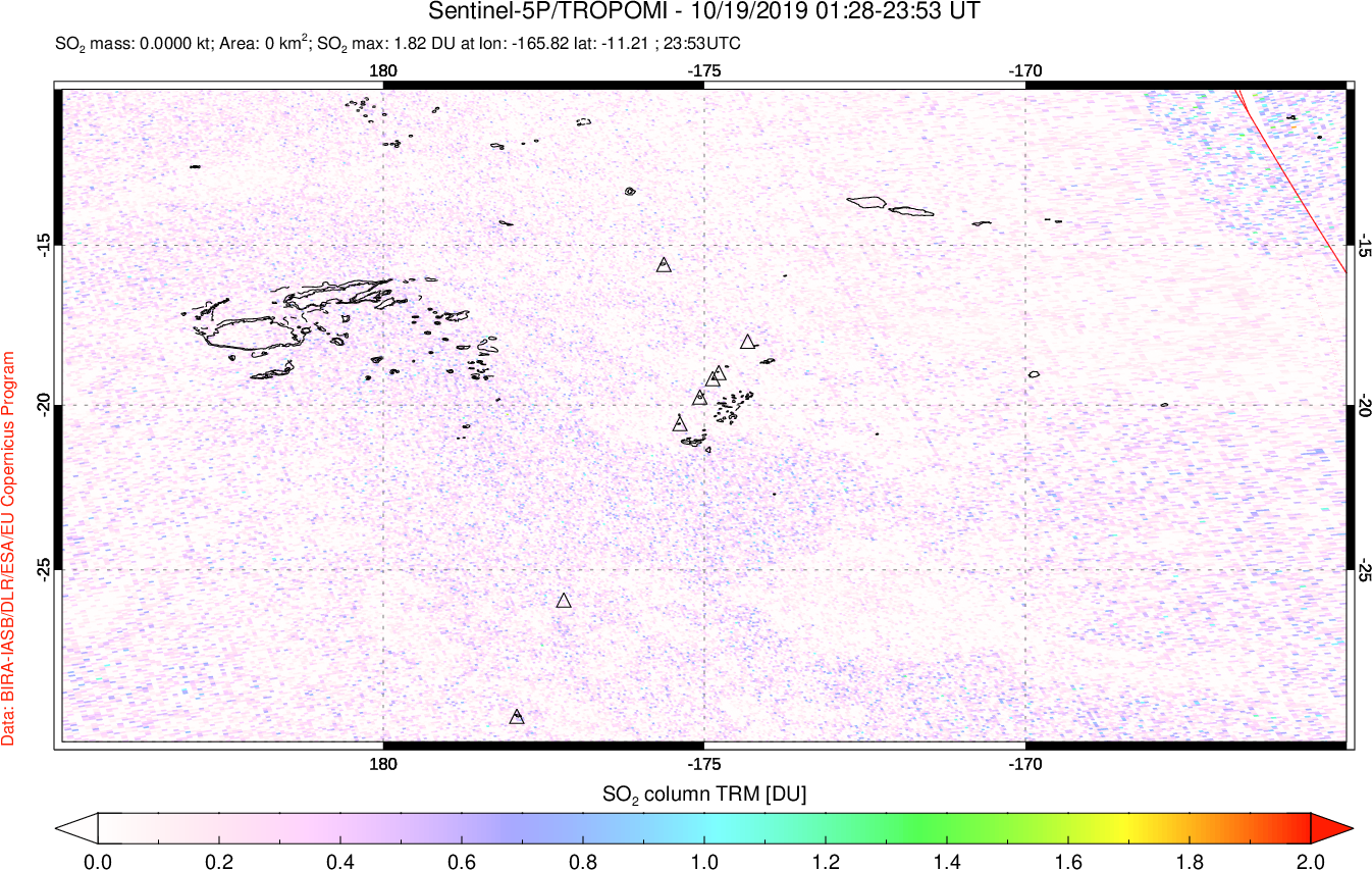 A sulfur dioxide image over Tonga, South Pacific on Oct 19, 2019.