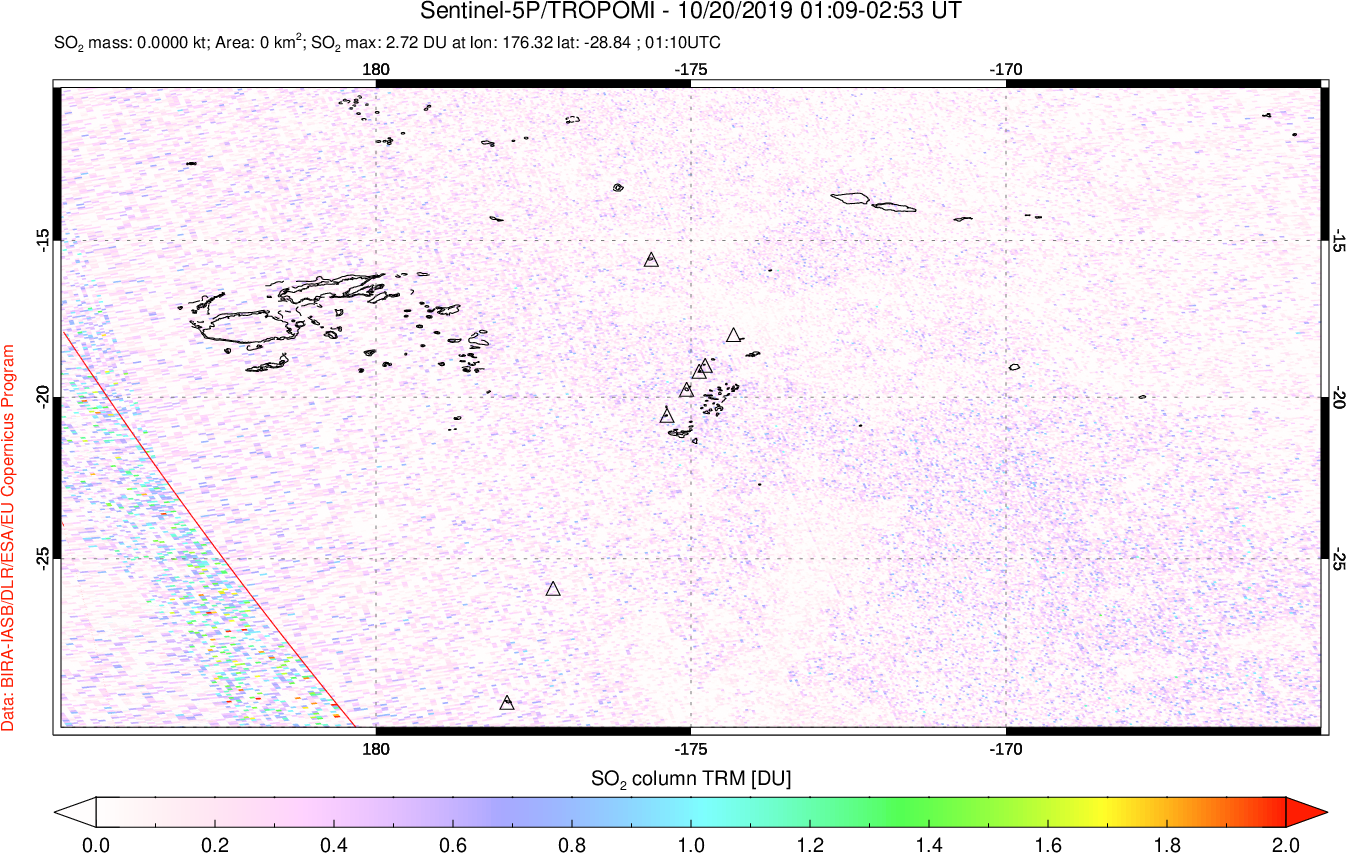A sulfur dioxide image over Tonga, South Pacific on Oct 20, 2019.
