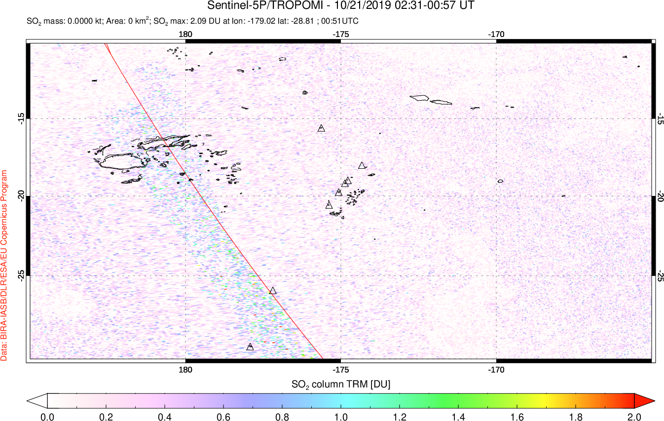 A sulfur dioxide image over Tonga, South Pacific on Oct 21, 2019.