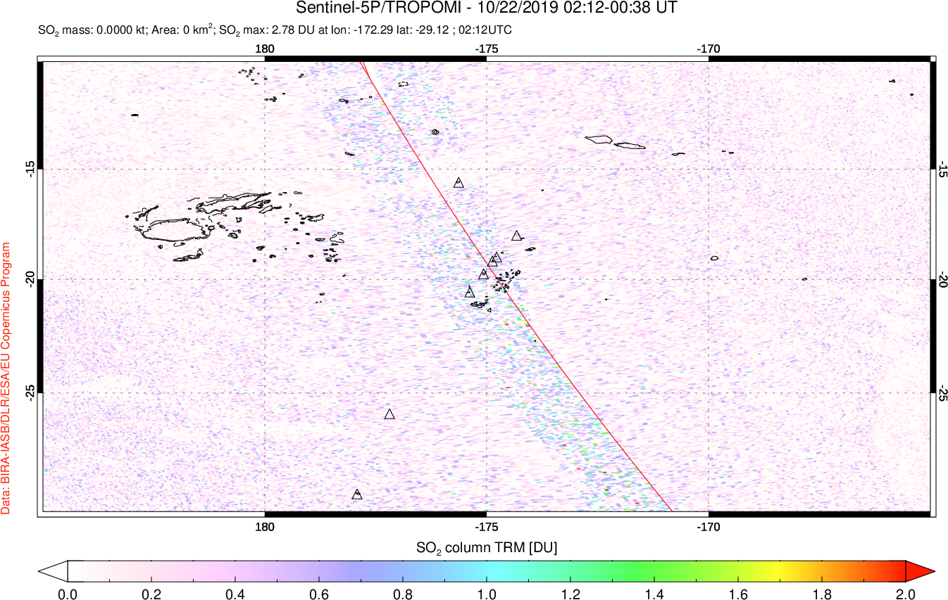 A sulfur dioxide image over Tonga, South Pacific on Oct 22, 2019.