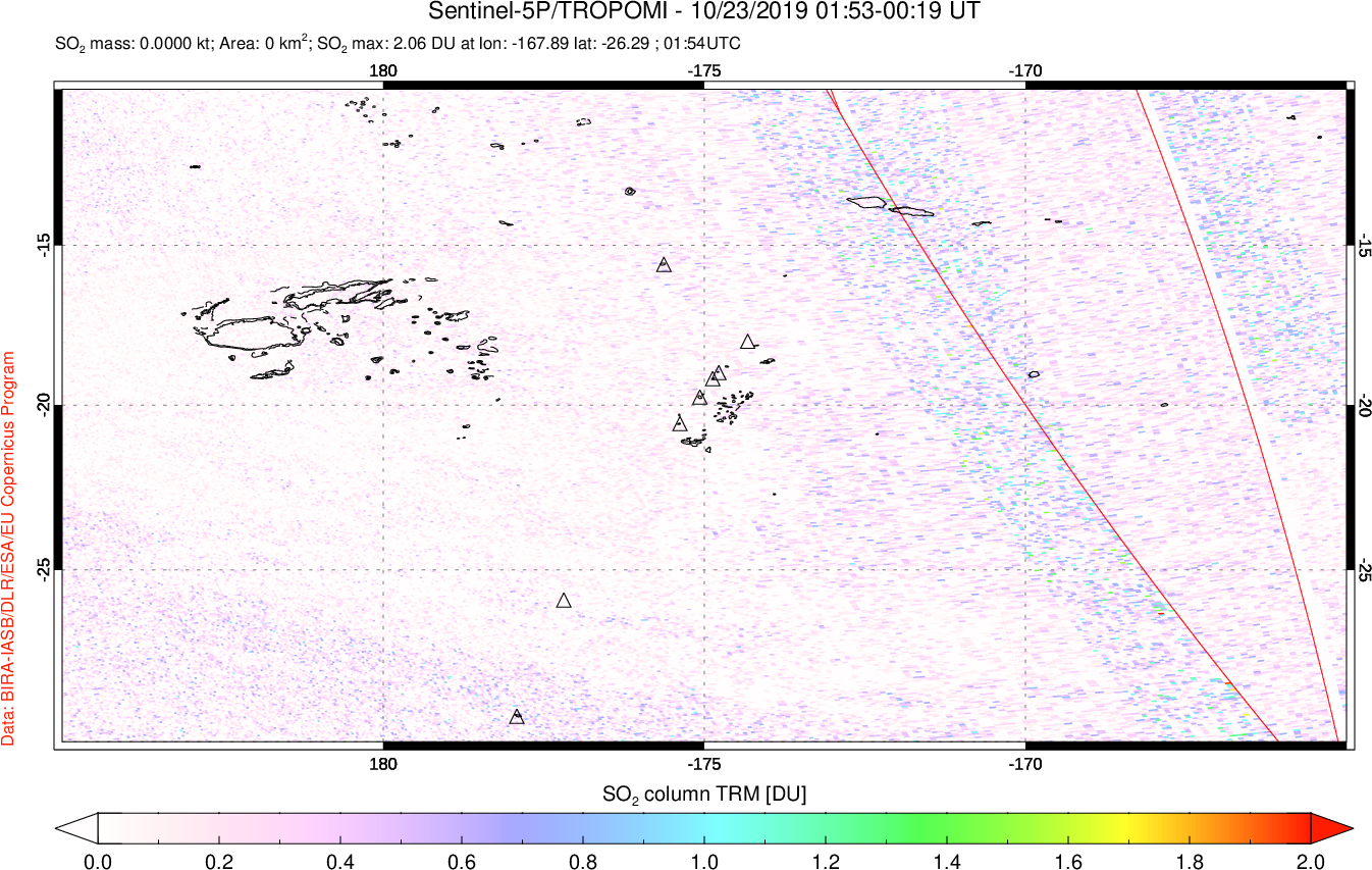 A sulfur dioxide image over Tonga, South Pacific on Oct 23, 2019.