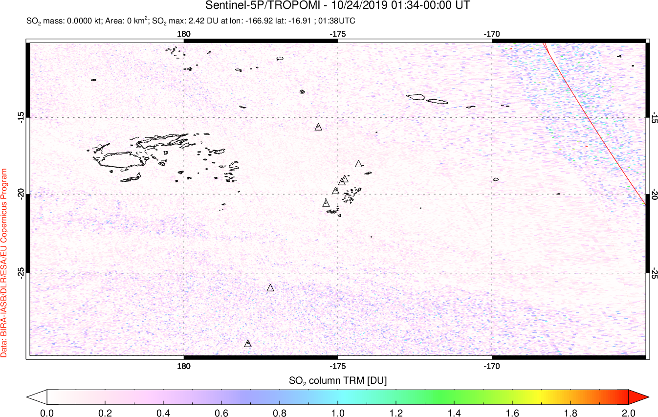 A sulfur dioxide image over Tonga, South Pacific on Oct 24, 2019.