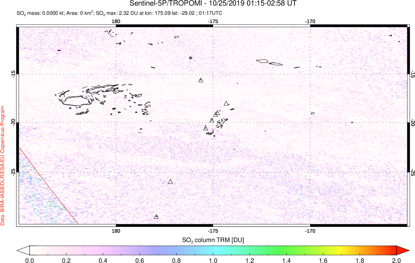 A sulfur dioxide image over Tonga, South Pacific on Oct 25, 2019.