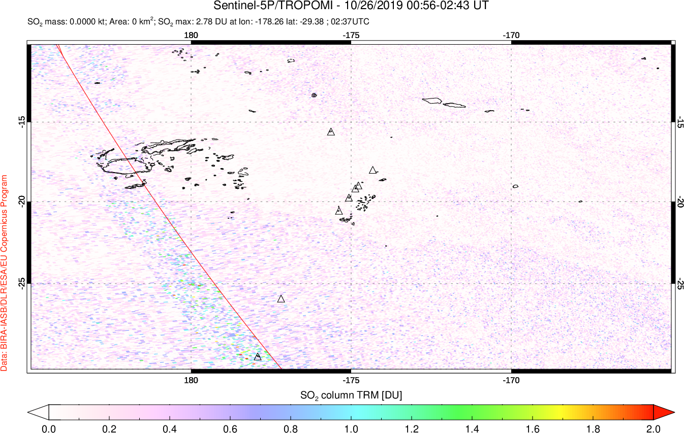 A sulfur dioxide image over Tonga, South Pacific on Oct 26, 2019.