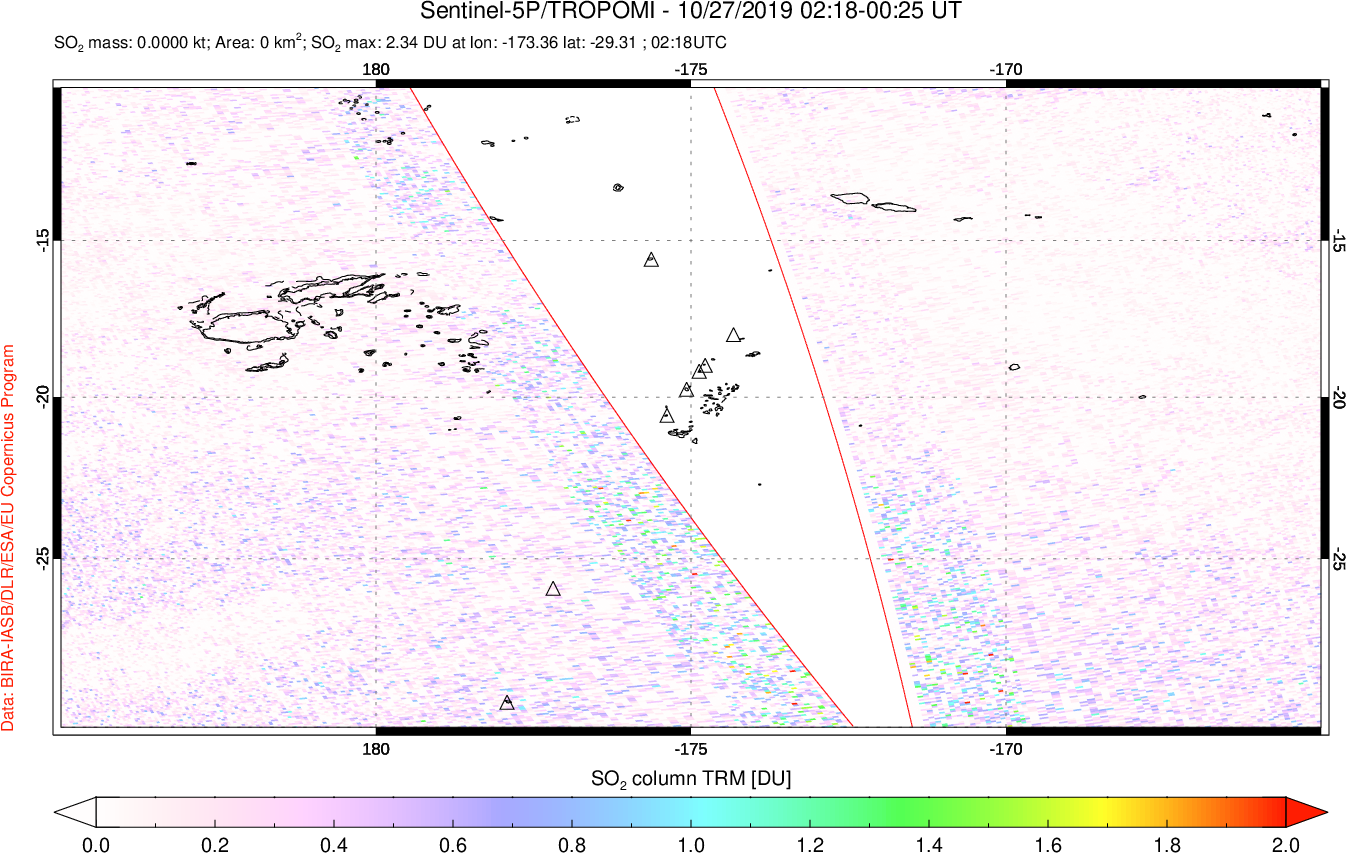 A sulfur dioxide image over Tonga, South Pacific on Oct 27, 2019.