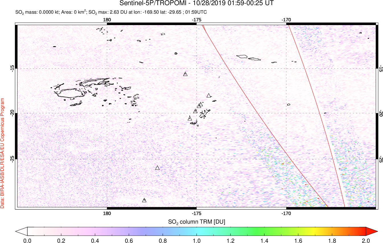 A sulfur dioxide image over Tonga, South Pacific on Oct 28, 2019.