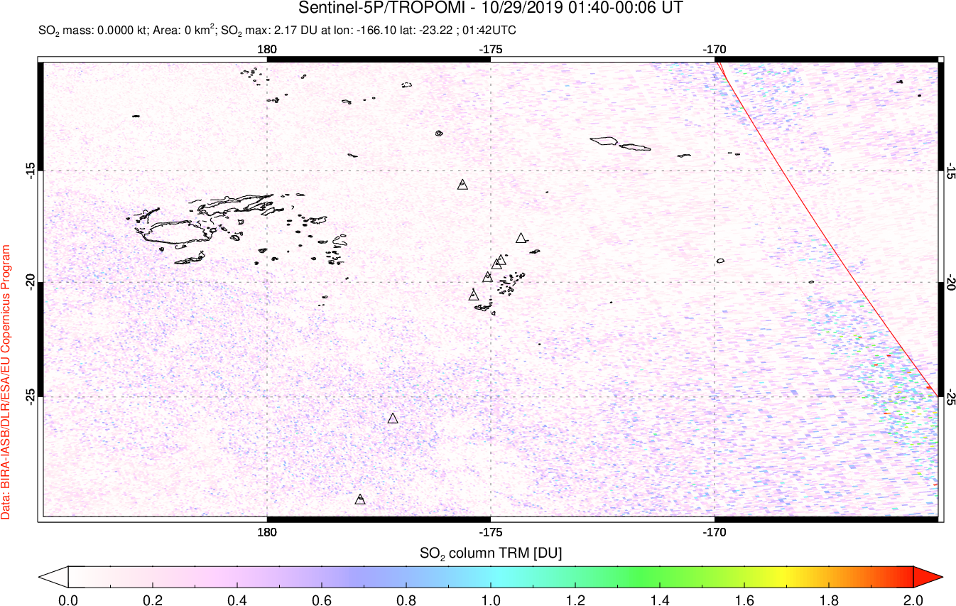 A sulfur dioxide image over Tonga, South Pacific on Oct 29, 2019.