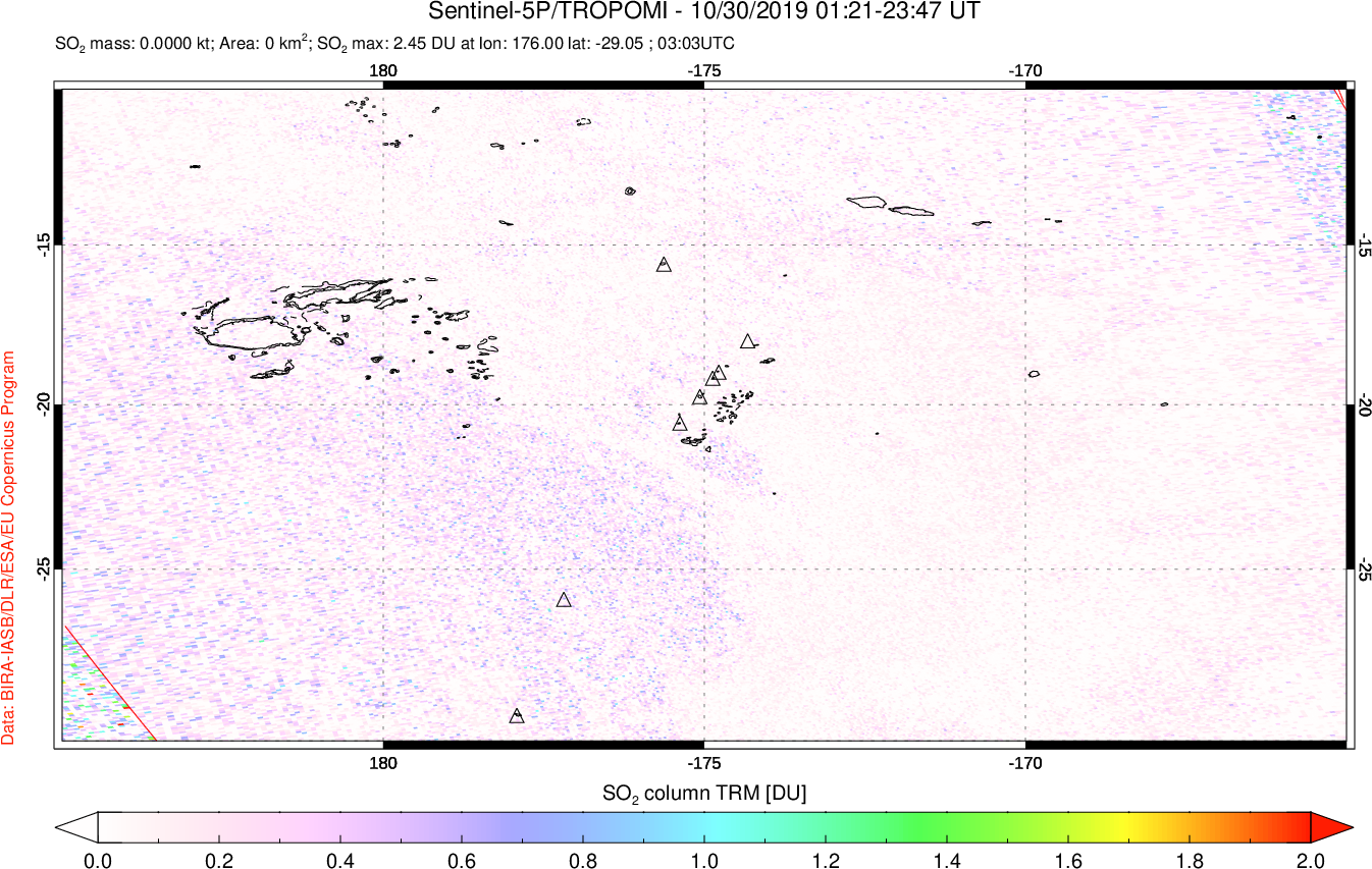A sulfur dioxide image over Tonga, South Pacific on Oct 30, 2019.