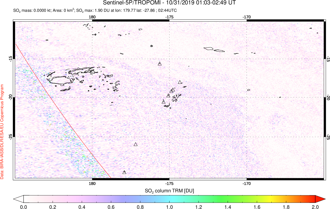 A sulfur dioxide image over Tonga, South Pacific on Oct 31, 2019.