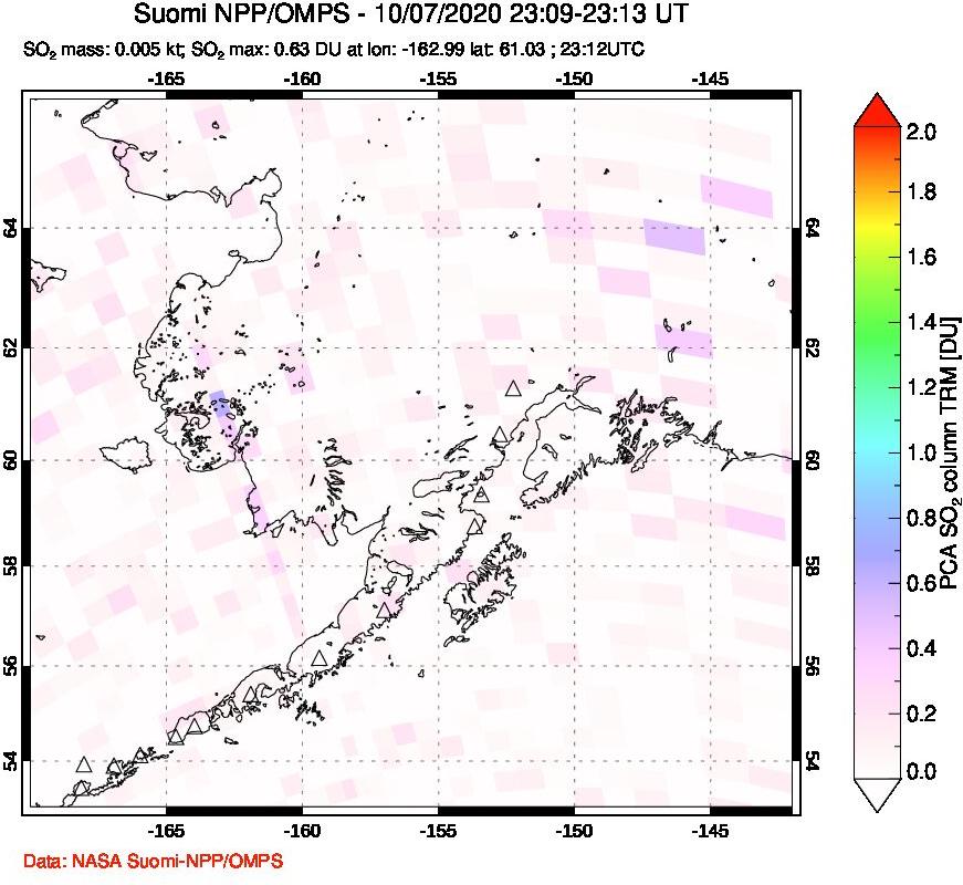 A sulfur dioxide image over Alaska, USA on Oct 07, 2020.