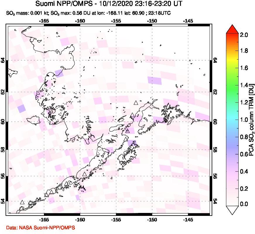 A sulfur dioxide image over Alaska, USA on Oct 12, 2020.