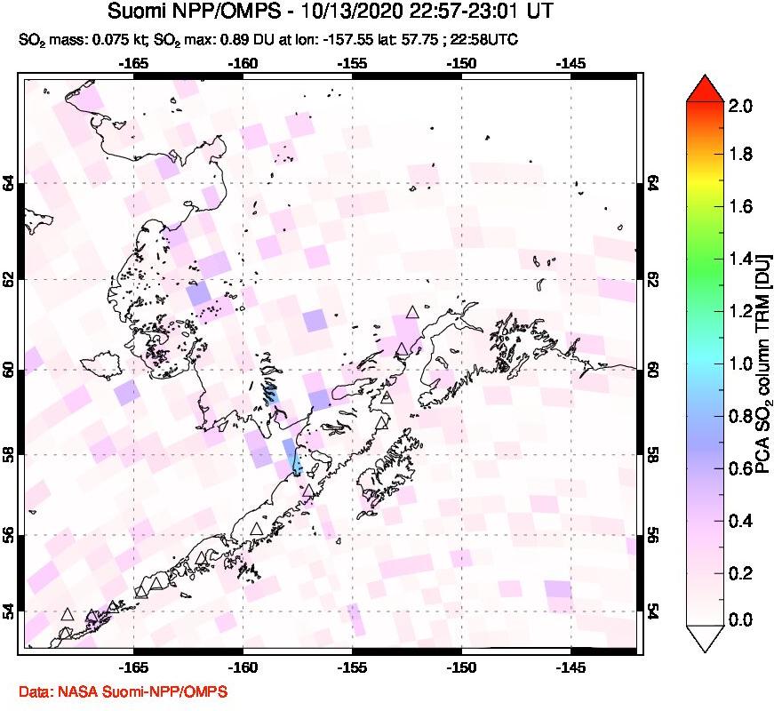 A sulfur dioxide image over Alaska, USA on Oct 13, 2020.
