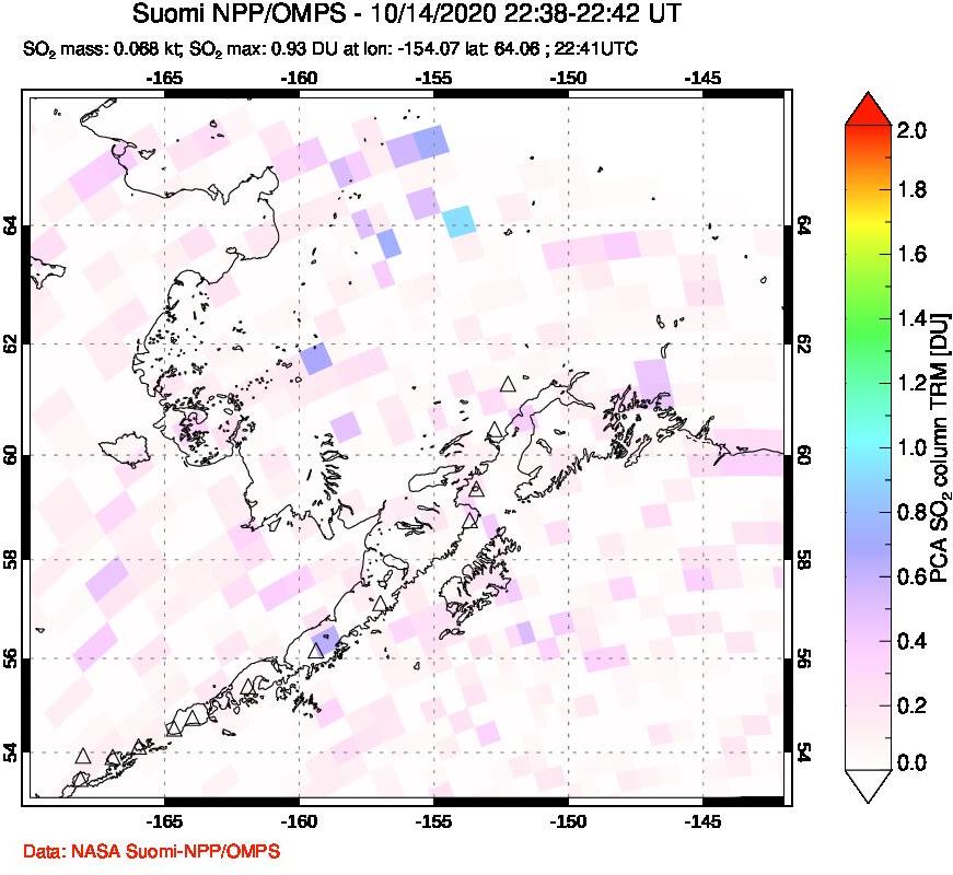 A sulfur dioxide image over Alaska, USA on Oct 14, 2020.