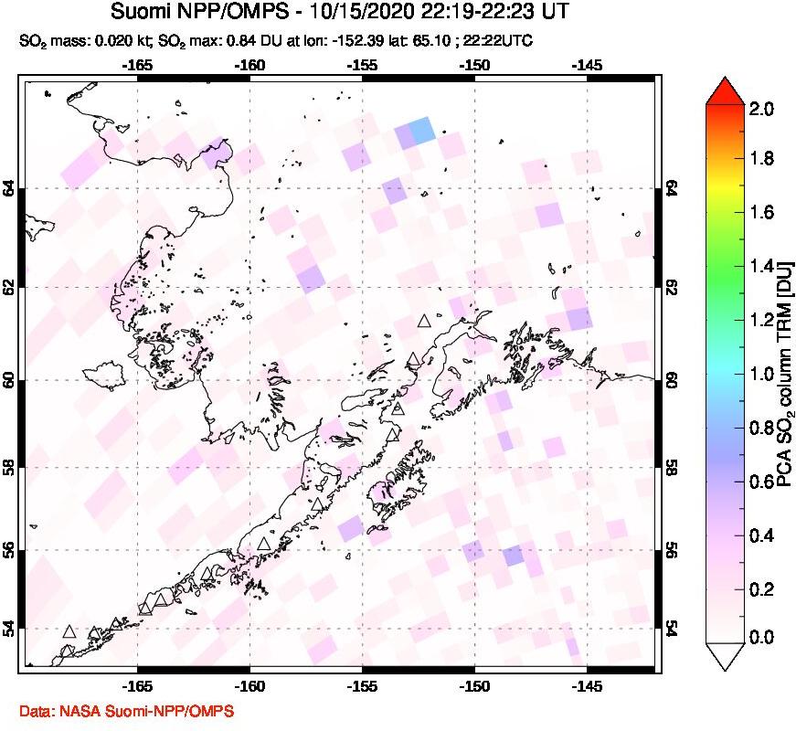 A sulfur dioxide image over Alaska, USA on Oct 15, 2020.