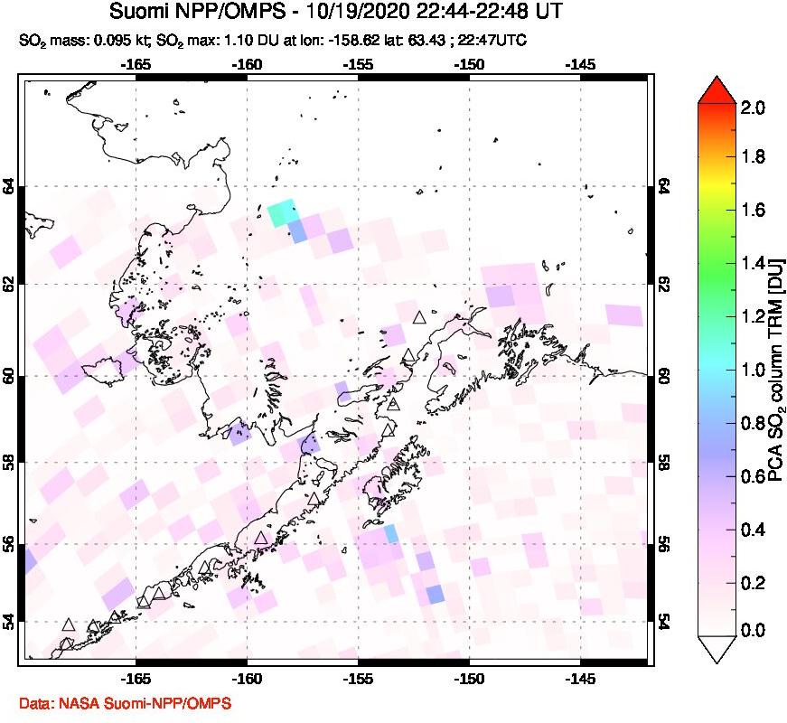 A sulfur dioxide image over Alaska, USA on Oct 19, 2020.
