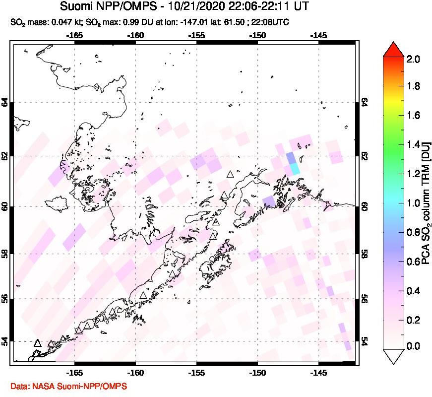 A sulfur dioxide image over Alaska, USA on Oct 21, 2020.