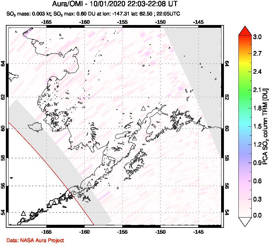 A sulfur dioxide image over Alaska, USA on Oct 01, 2020.