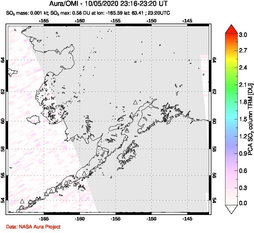 A sulfur dioxide image over Alaska, USA on Oct 05, 2020.