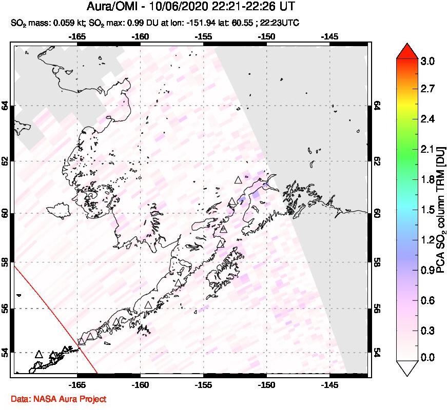 A sulfur dioxide image over Alaska, USA on Oct 06, 2020.