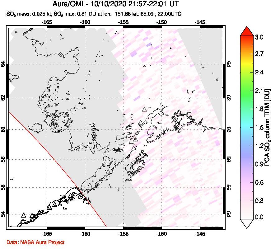 A sulfur dioxide image over Alaska, USA on Oct 10, 2020.