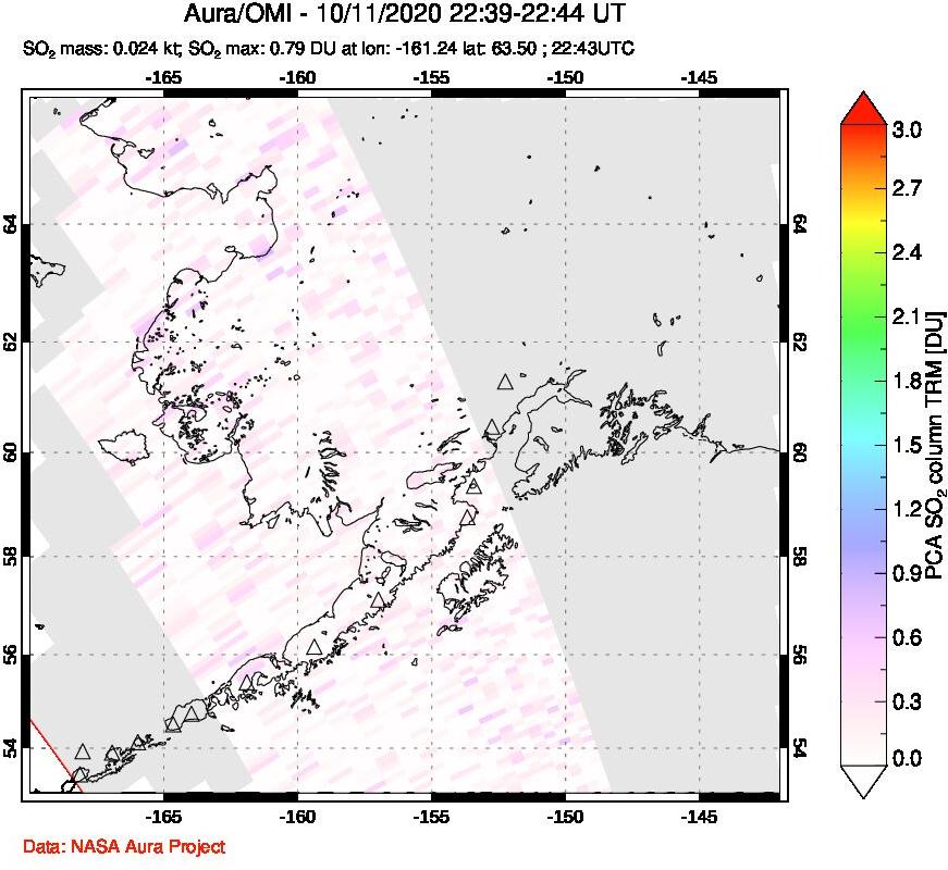A sulfur dioxide image over Alaska, USA on Oct 11, 2020.