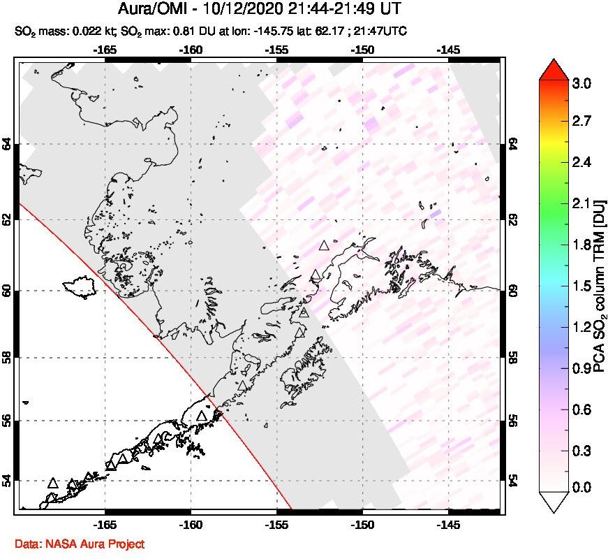 A sulfur dioxide image over Alaska, USA on Oct 12, 2020.