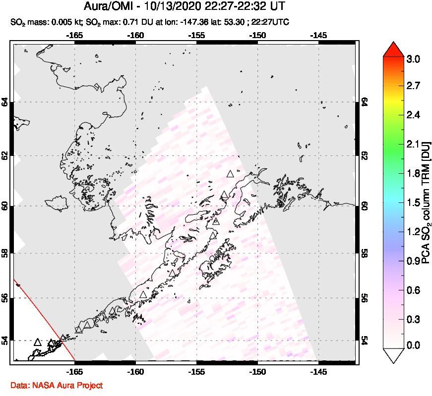 A sulfur dioxide image over Alaska, USA on Oct 13, 2020.