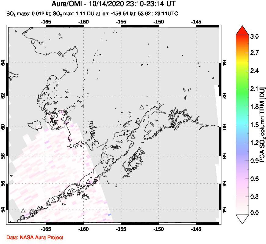 A sulfur dioxide image over Alaska, USA on Oct 14, 2020.