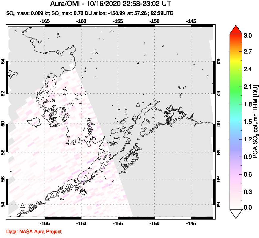 A sulfur dioxide image over Alaska, USA on Oct 16, 2020.