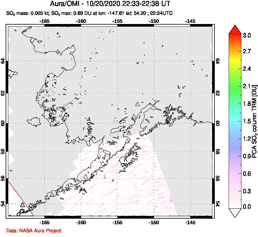 A sulfur dioxide image over Alaska, USA on Oct 20, 2020.