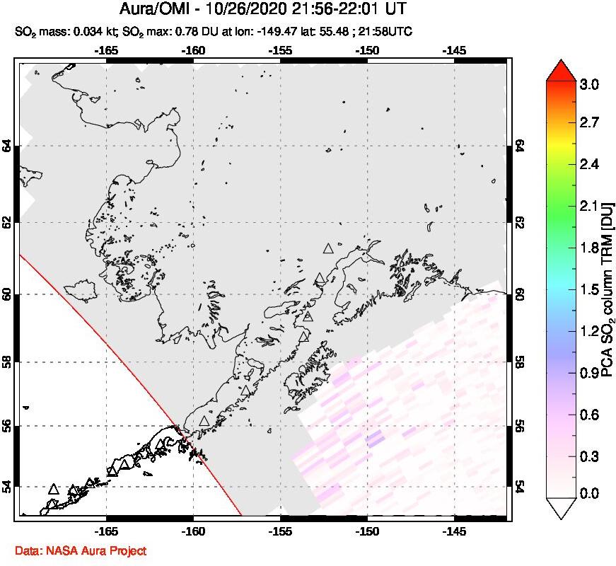 A sulfur dioxide image over Alaska, USA on Oct 26, 2020.