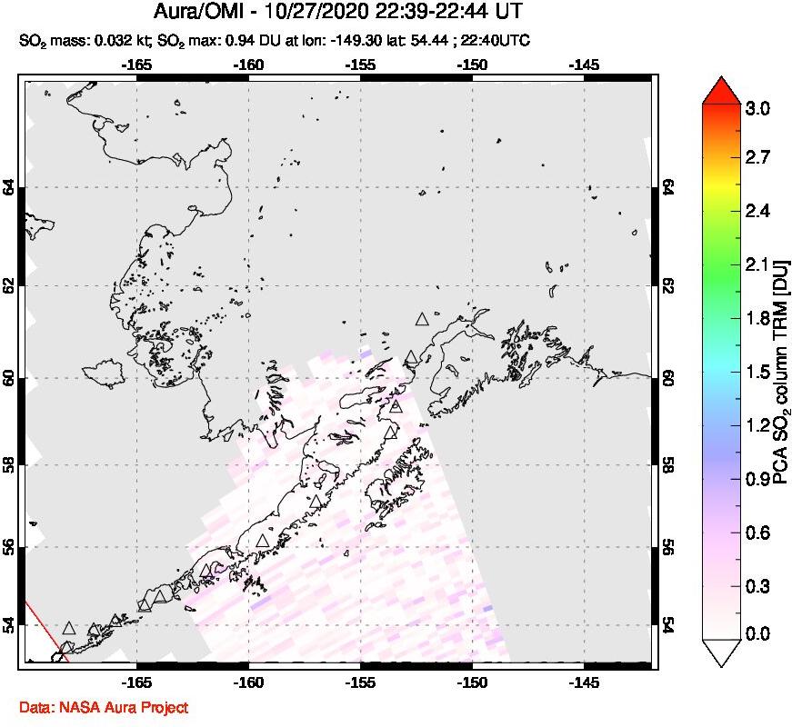 A sulfur dioxide image over Alaska, USA on Oct 27, 2020.