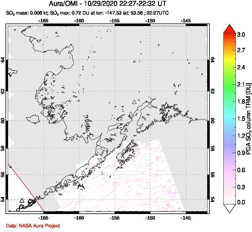 A sulfur dioxide image over Alaska, USA on Oct 29, 2020.