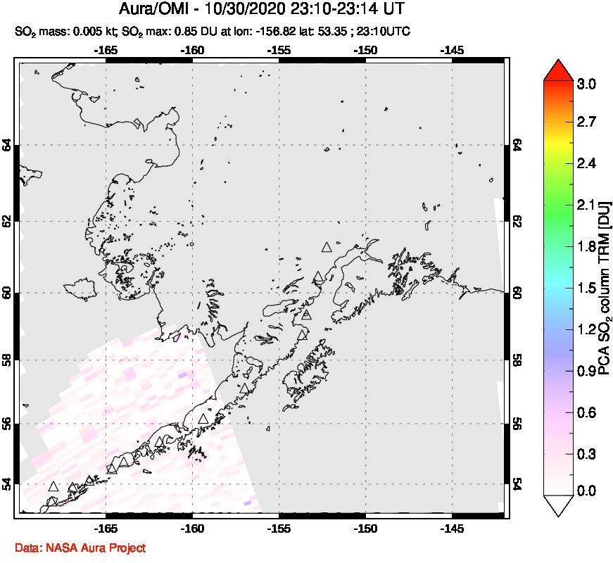 A sulfur dioxide image over Alaska, USA on Oct 30, 2020.