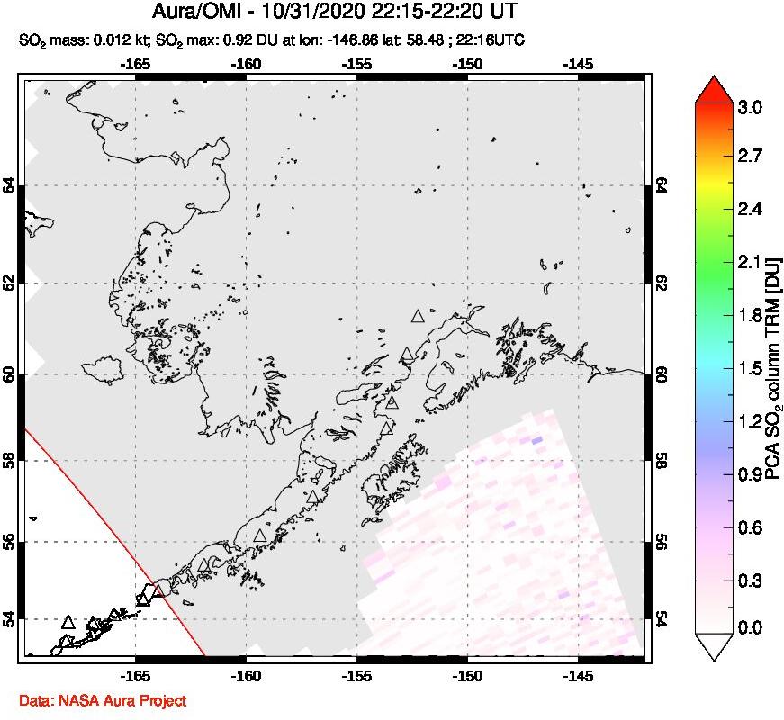 A sulfur dioxide image over Alaska, USA on Oct 31, 2020.